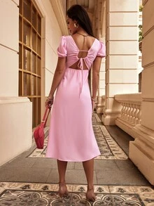 方領泡泡袖抽繩後連衣裙 - 淺粉色 - 查看 2