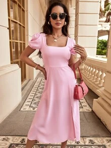 方領泡泡袖抽繩後連衣裙 - 淺粉色 - 查看 3