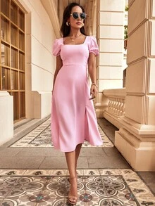 方領泡泡袖抽繩後連衣裙 - 淺粉色 - 查看 4