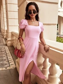 方領泡泡袖抽繩後連衣裙 - 淺粉色 - 查看 5