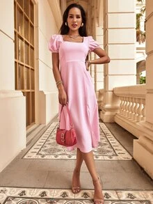 方領泡泡袖抽繩後連衣裙 - 淺粉色 - 查看 6