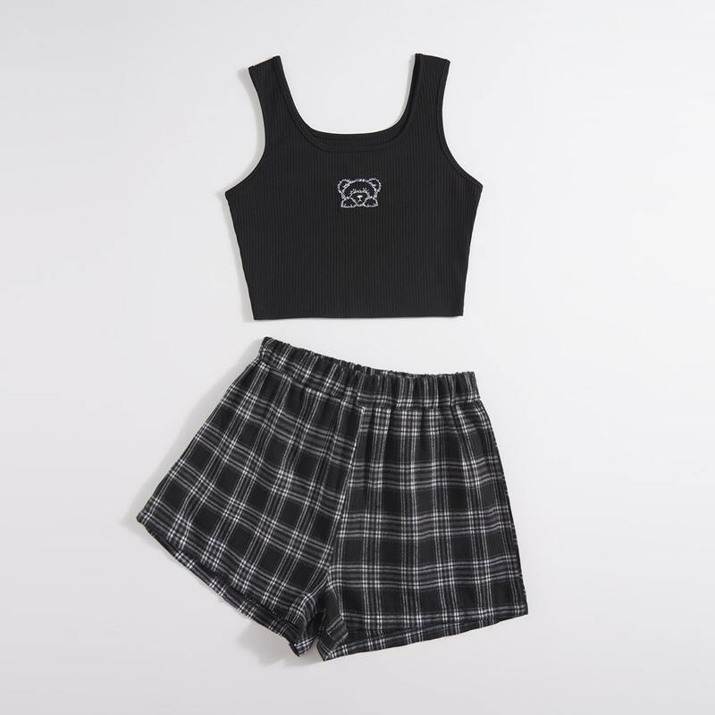 

Cartoon Bear Embroidery Tank Top & Plaid Shorts, Black
