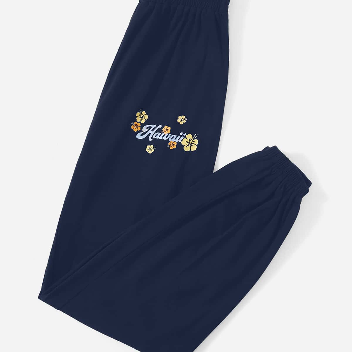 

Floral & Letter Graphic Sweatpants, Navy blue
