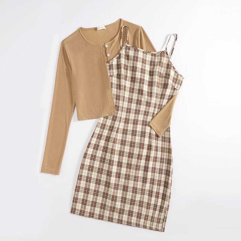 

Button Front Tee & Plaid Print Dress, Multicolor