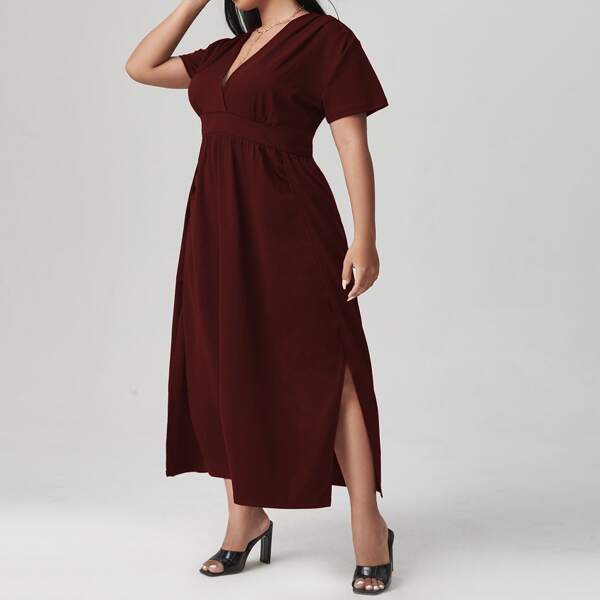 

Plus Plunging Neck Split Thigh A-line Dress, Burgundy
