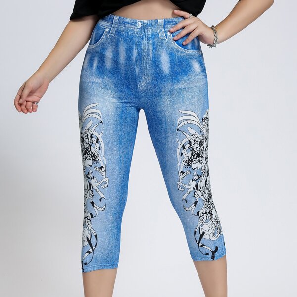 

Plus Baroque Print High Waist Leggings, Blue