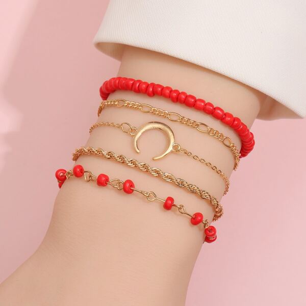

5pcs Bead Decor Bracelet, Red