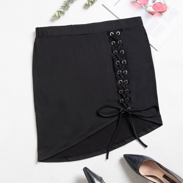 

Plus Grommet Lace Up Asymmetrical Hem Skirt, Black