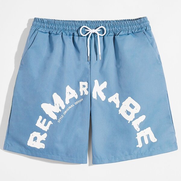 

Men Letter Graphic Drawstring Shorts, Baby blue