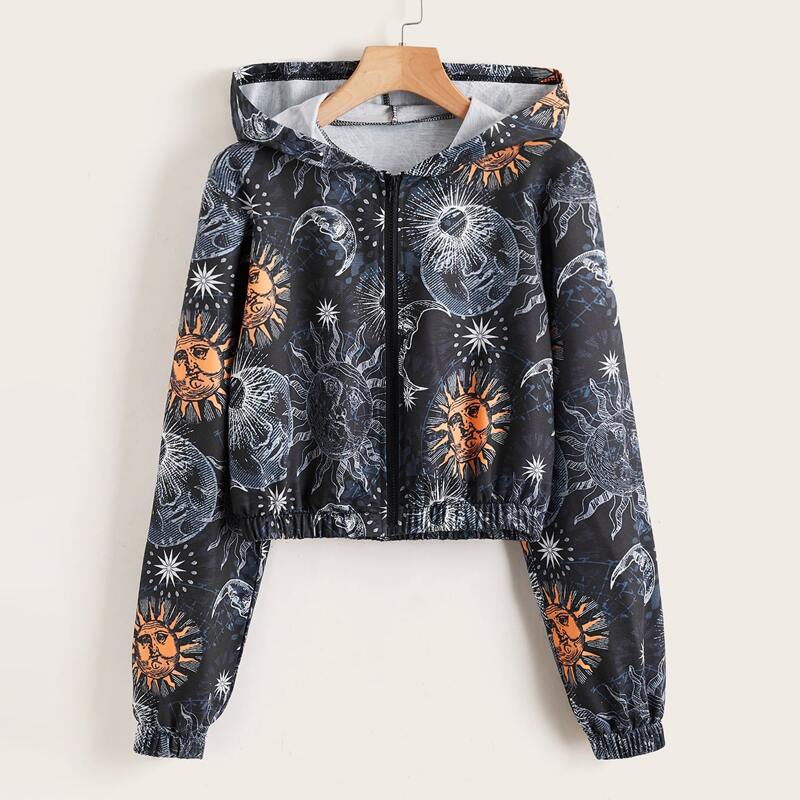 

Sun & Moon Graphic Drawstring Jacket, Multicolor