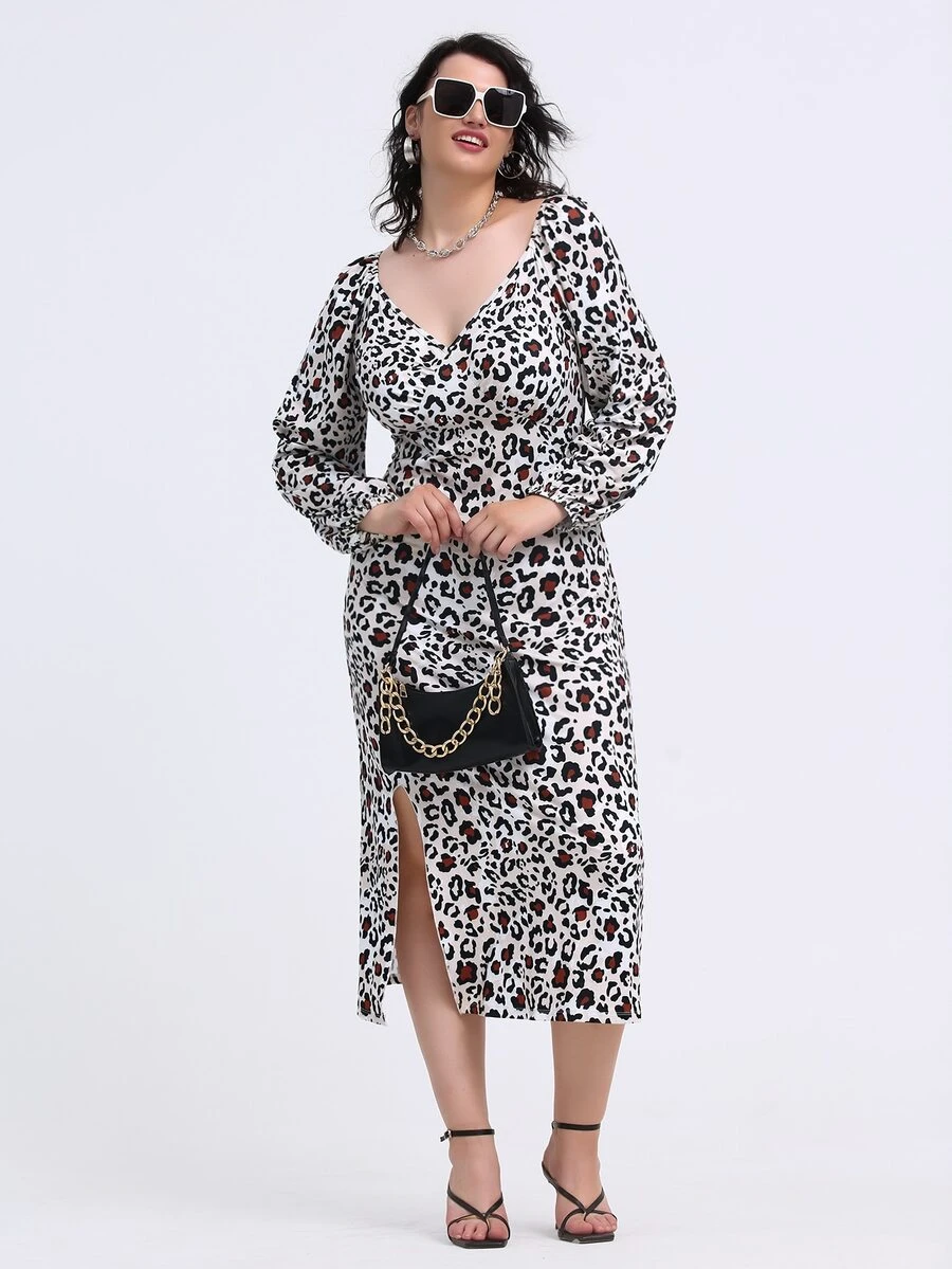 SHEIN Unity 大碼豹紋印花下擺開叉連衣裙 - 彩色 - 查看 1