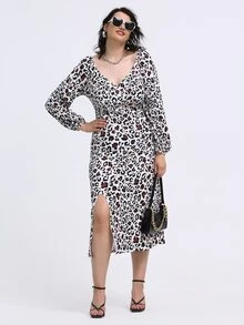 SHEIN Unity 大碼豹紋印花下擺開叉連衣裙 - 彩色 - 查看 3