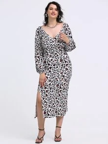 SHEIN Unity 大碼豹紋印花下擺開叉連衣裙 - 彩色 - 查看 4