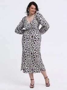 SHEIN Unity 大碼豹紋印花下擺開叉連衣裙 - 彩色 - 查看 5