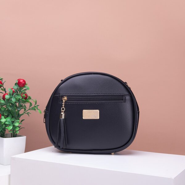 

Tassel Decor Double Pocket Circle Bag, Black