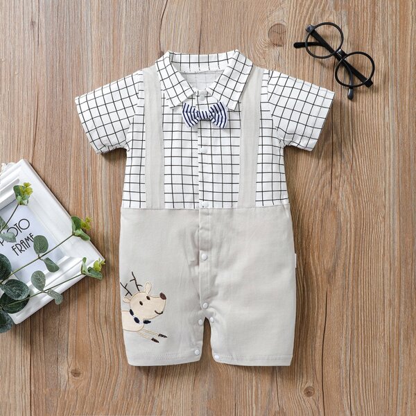 

Baby Plaid Cartoon Graphic Bow Front Romper, Multicolor