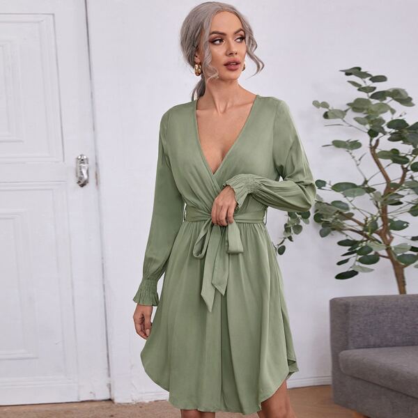 

Surplice Neck Flounce Sleeve Belted Dress, Mint green