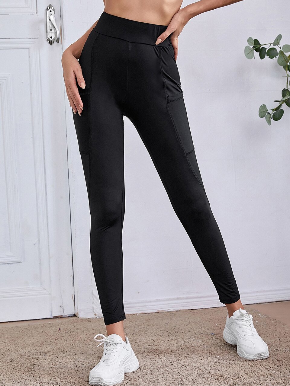 Wideband Waist Top-stitching Leggings With Phone Pocket