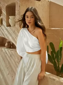 SHEIN VCAY One Shoulder Lantern Sleeve Knot Side Crop Top - White - View 4