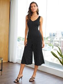 SHEIN Polka Dot Scoop Neck Capri Jumpsuit - Black - View 5