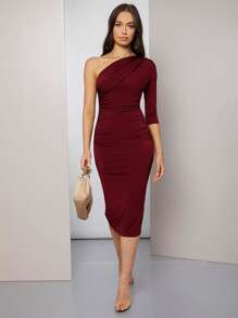Modelyn Burgundy Red One Shoulder Ruched Bodycon Dress - Burgundy - View 5