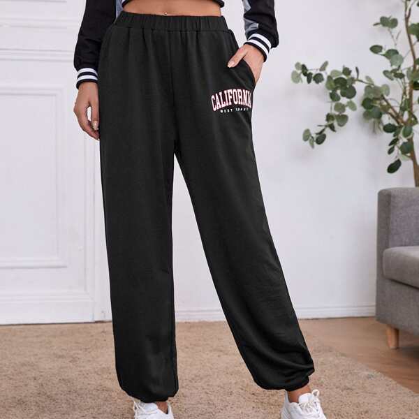 

Letter Graphic Slant Pocket Sweatpants, Black