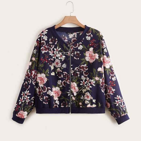 

Plus Floral Print Zip Up Bomber Jacket, Navy blue