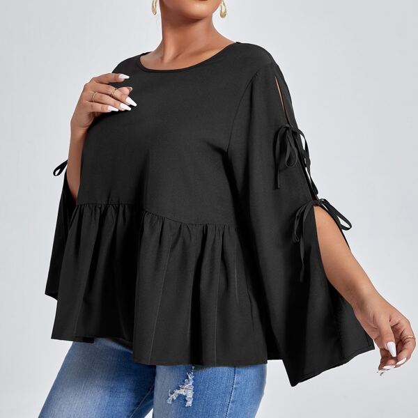 

размера плюс Блузка со сборками с разрезом, Чёрный