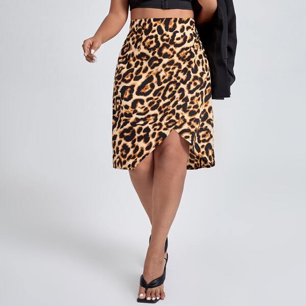 

Plus Leopard Print Wrap Skirt, Coffee brown