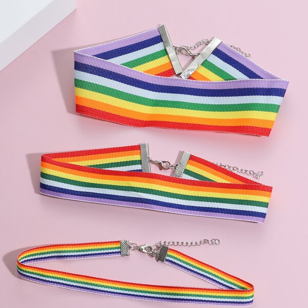 

3pcs Rainbow Striped Necklace, Multicolor
