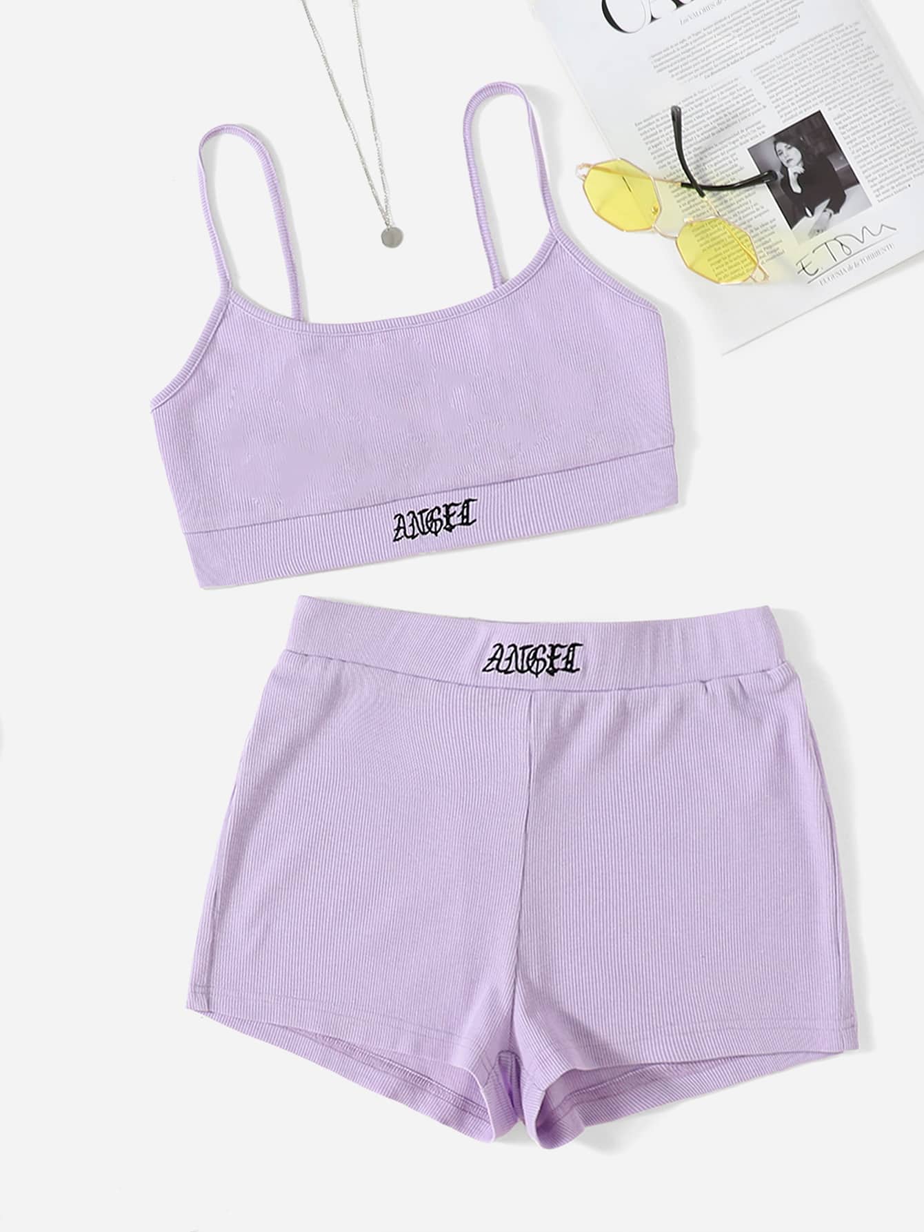 Muchica 字母刺繡吊帶上衣和短褲套裝 - 紫丁香色 - 查看 1