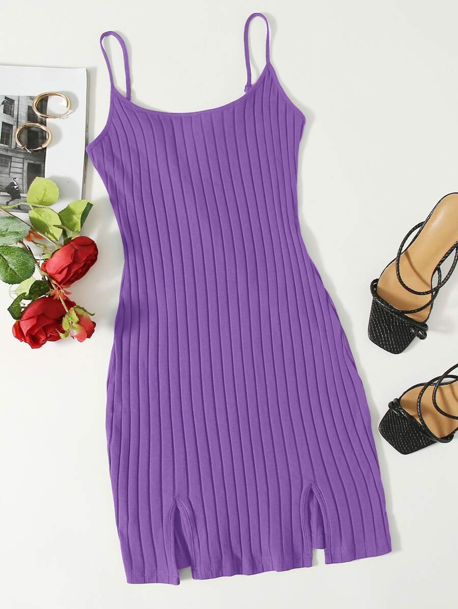 SHEIN EZwear Ribbed Cami M-Slit Bodycon Mini Dress - Violet Purple - View 1