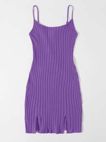 SHEIN EZwear Ribbed Cami M-Slit Bodycon Mini Dress - Violet Purple - View 4