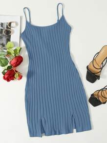 Muchica Vestido tejido de canalé bajo con abertura - Neblina azul - Ver 1
