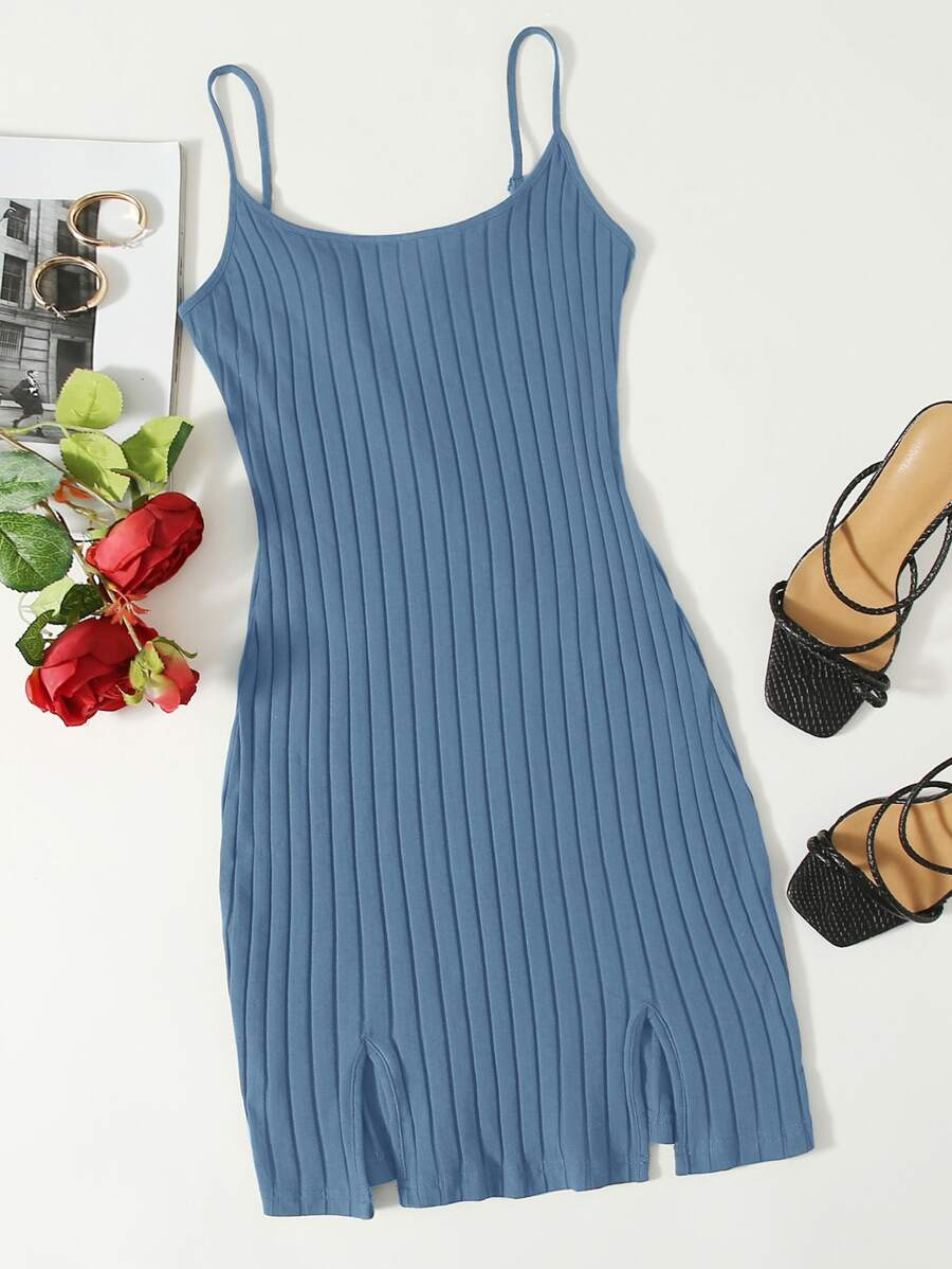 Muchica Vestido tejido de canalé bajo con abertura - Neblina azul - Ver 1