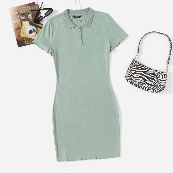 

Plus Lettuce Trim Half Button Placket Bodycon Dress, Mint green