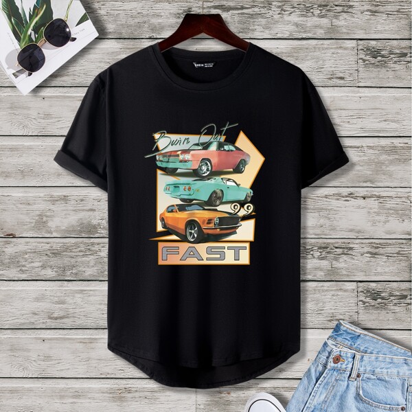 

Men Letter & Car Print Tee, Black