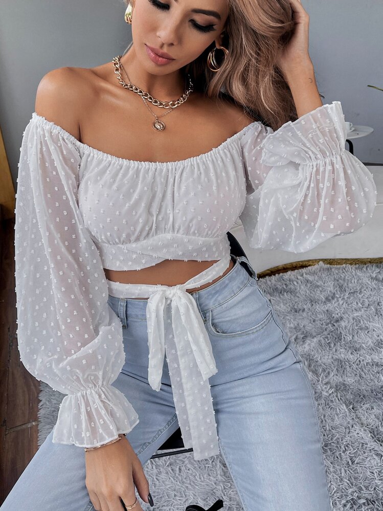 SHEIN Privé Solid Swiss Dot Tie Front Crop Top - White - View 1