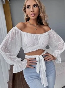 SHEIN Privé Solid Swiss Dot Tie Front Crop Top - White - View 4