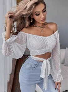 SHEIN Privé Solid Swiss Dot Tie Front Crop Top - White - View 5