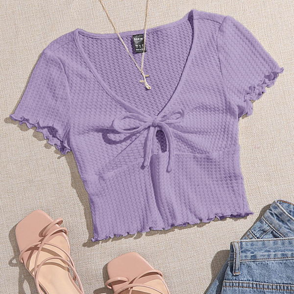 

Lettuce Trim Knot Front Waffle Knit Tee, Mauve purple