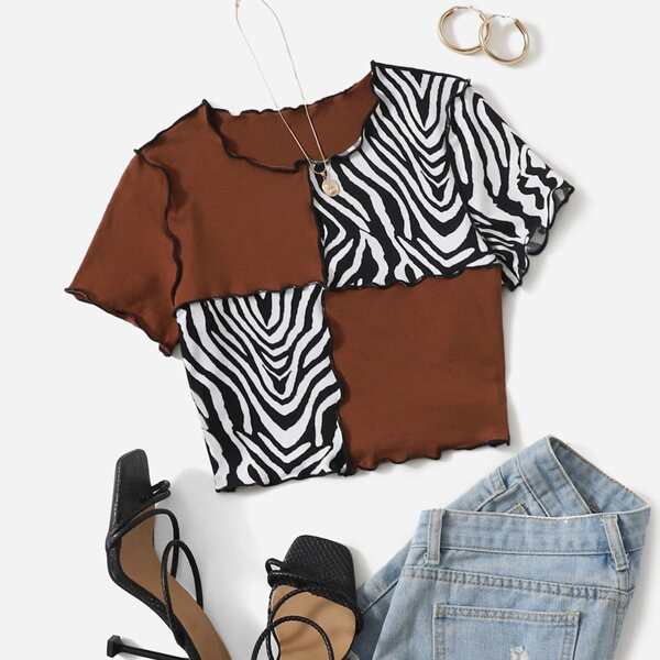 

Zebra Striped Lettuce Trim Tee, Multicolor