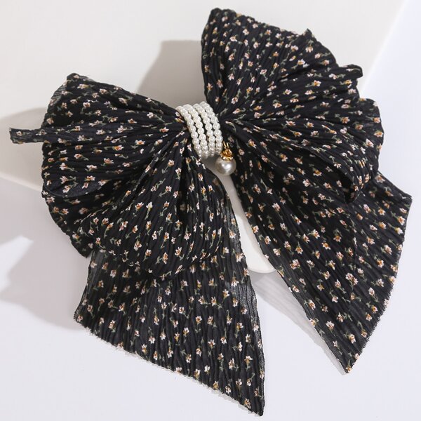 

Girls Ditsy Floral Print Bow Decor Hair Clip, Black