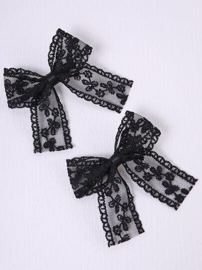 2pcs Black Lace Bow Hair Clips + 14pcs Chiffon Ribbon Hair Clips, Sweet & Style, Versatile For Work And Daily Wear