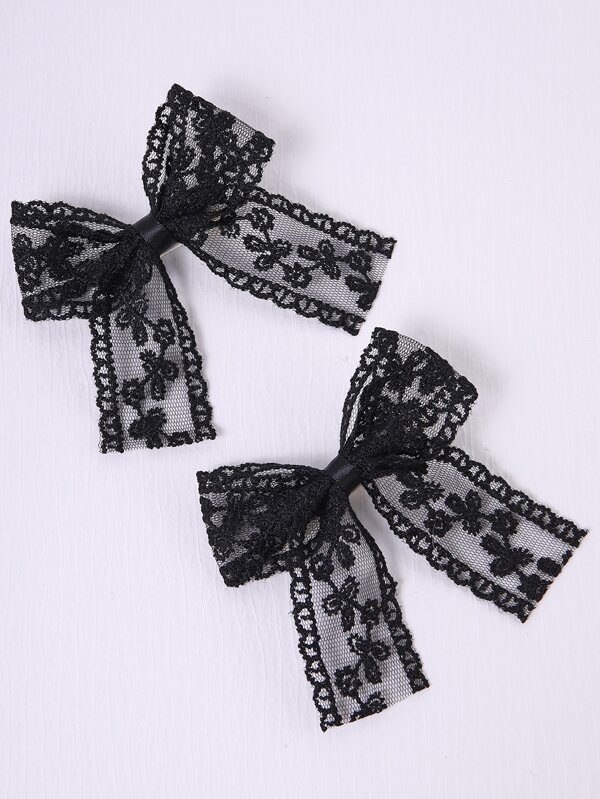 2pcs Black Lace Bow Hair Clips + 14pcs Chiffon Ribbon Hair Clips, Sweet & Style, Versatile For Work And Daily Wear