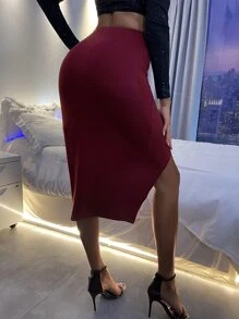 SHEIN Allurite Tie Front Solid Wrap Skirt - Burgundy - View 2