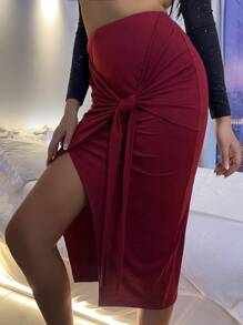 SHEIN Allurite Tie Front Solid Wrap Skirt - Burgundy - View 5