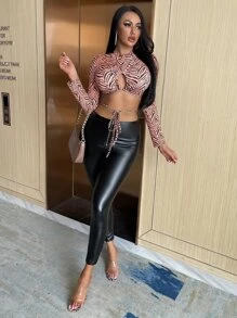 Zipper High Waist PU Leather Skinny Trousers - Black - View 1