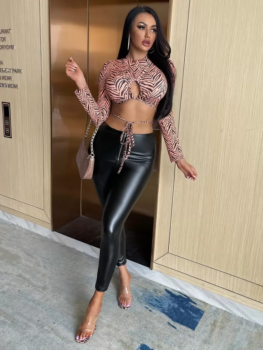 Zipper High Waist PU Leather Skinny Trousers - Black - View 1