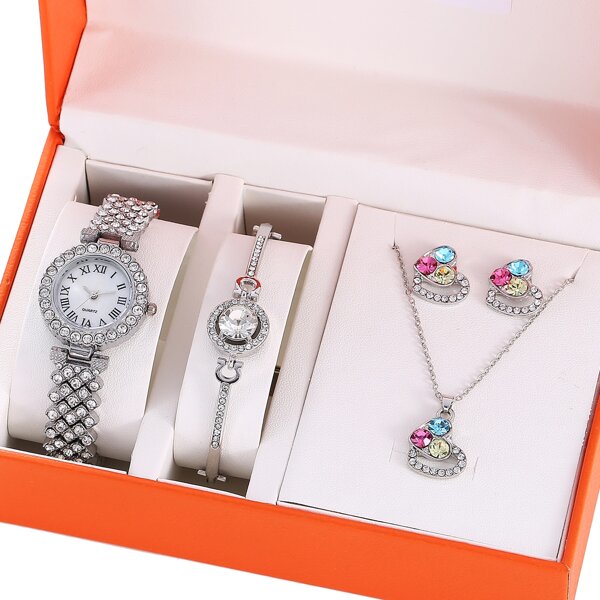 

1pc Rhinestone Decor Quartz Watch & 3pcs Jewelry Set